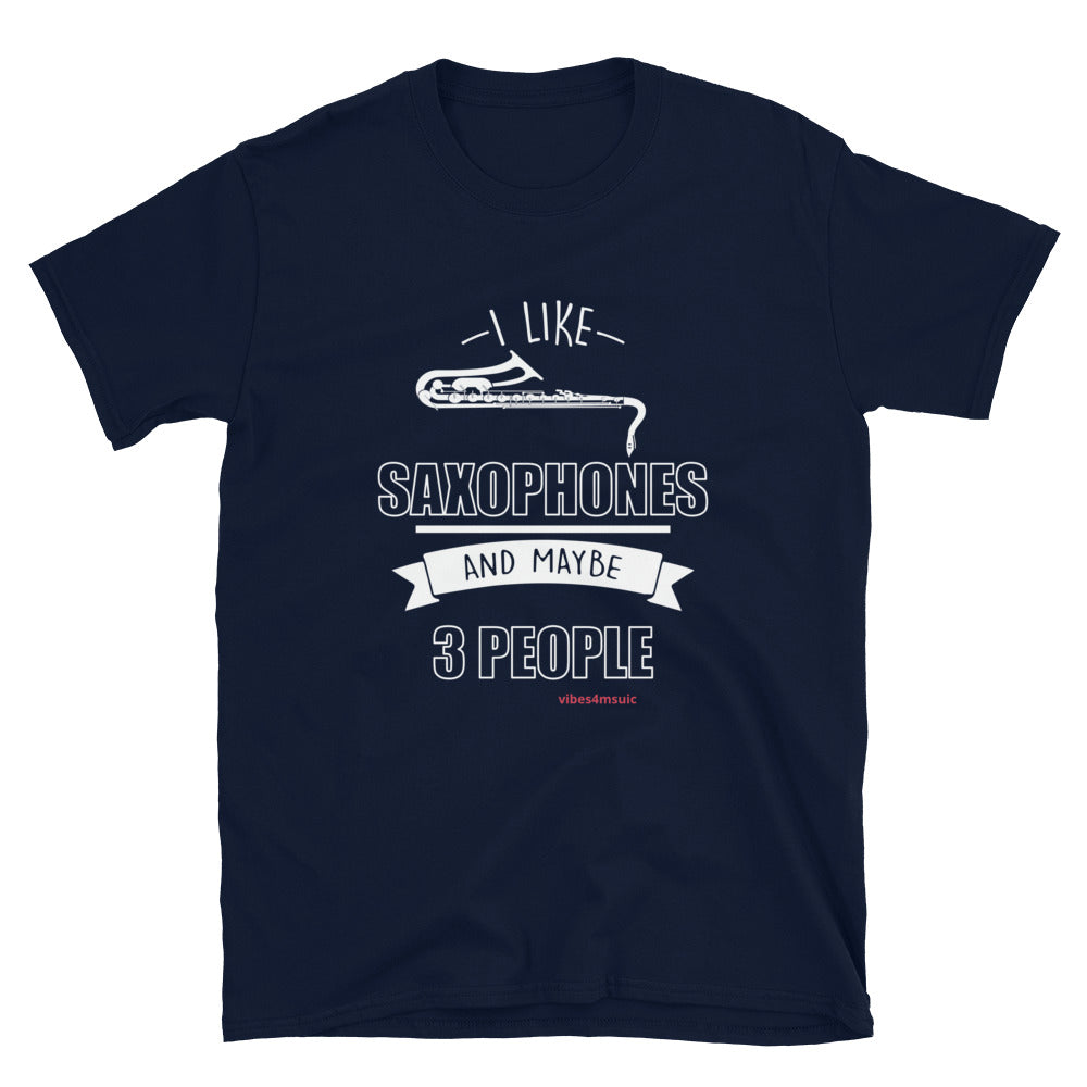 I like saxophones and maybe 3 people navy blue music t-shirt