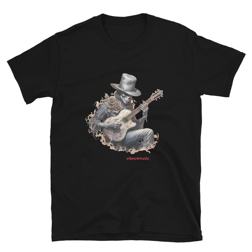 Vintage Skeleton Playing Guitar Music Black Graphic T-Shirt