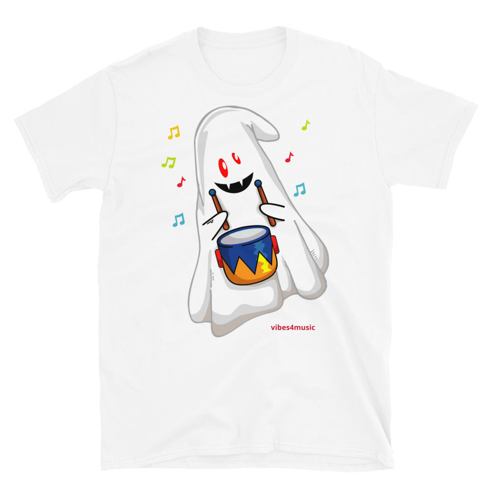halloween music drummer ghost white graphic t-shirt