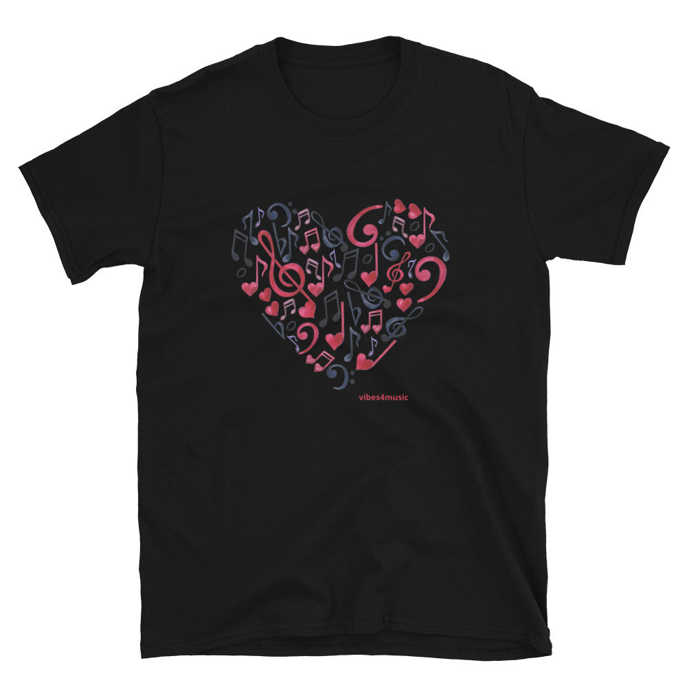 red and black heart music note black graphic t-shirt