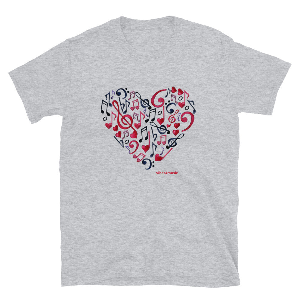 red and black heart music note grey graphic t-shirt