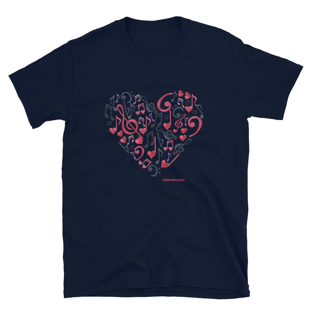 red and black heart music note navy blue graphic t-shirt