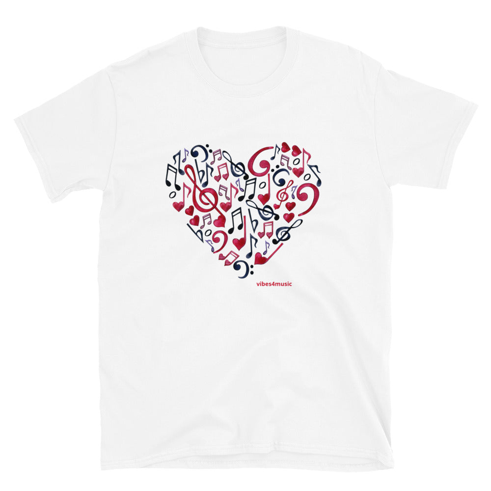 red and black heart music note white graphic t-shirt