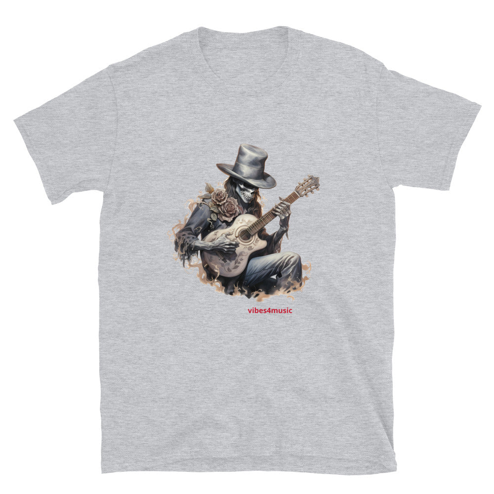 vintage skeleton playing guitar music grey graphic t-shirt