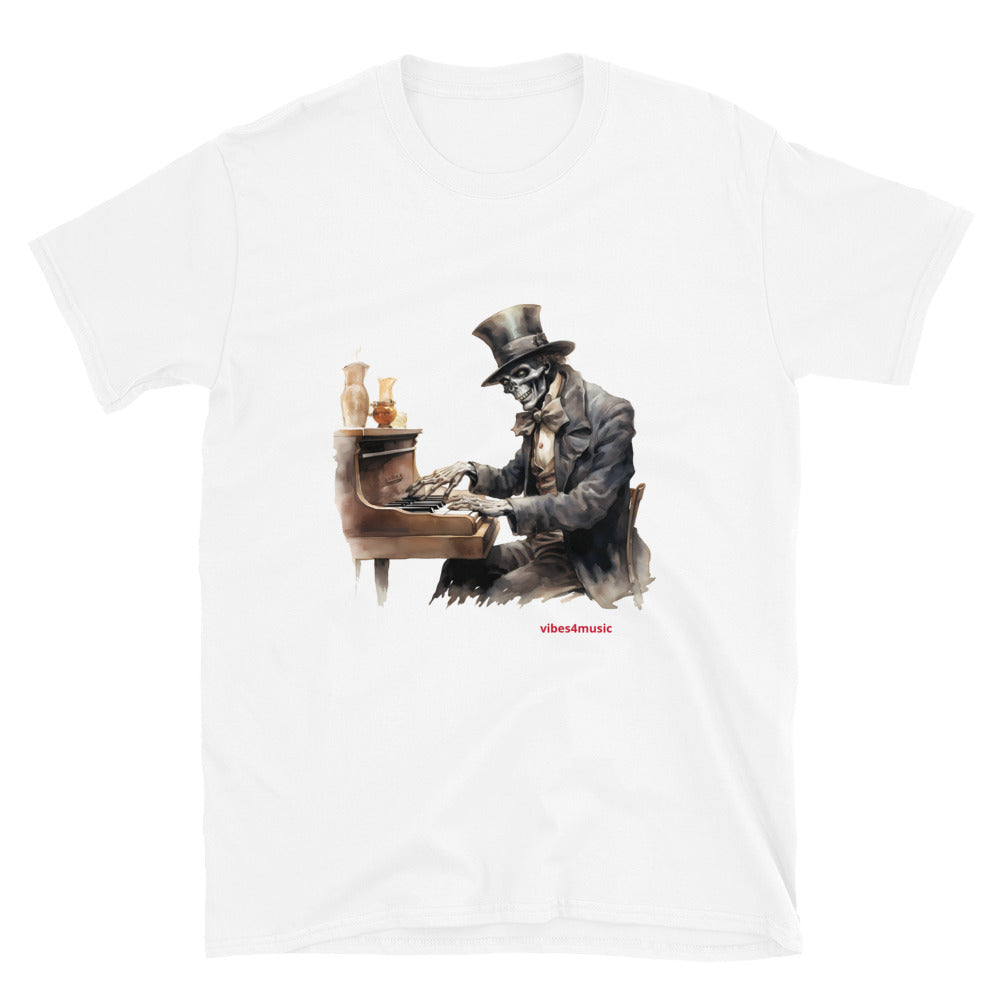 skeleton playing piano music white graphic t-shirt