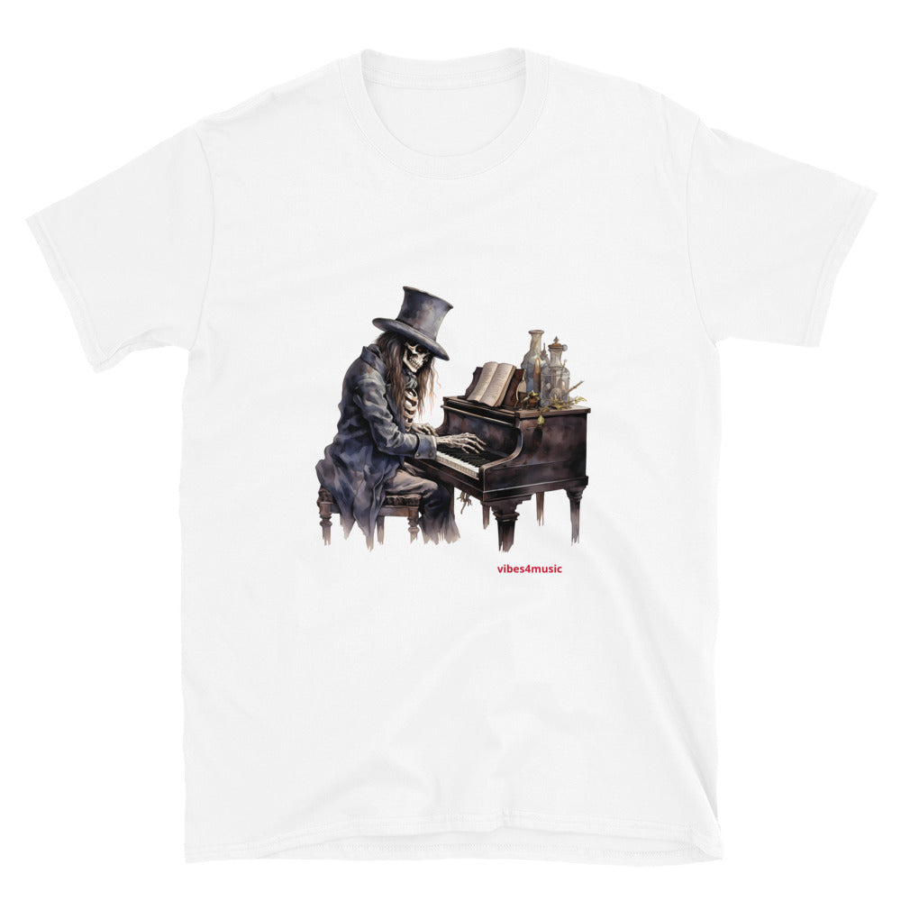 skeleton playing piano music white graphic t-shirt 2