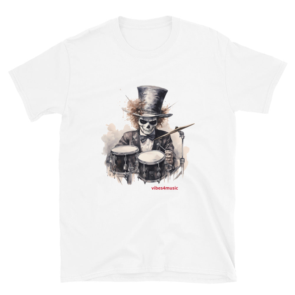 vintage skeleton drummer white graphic t-shirt