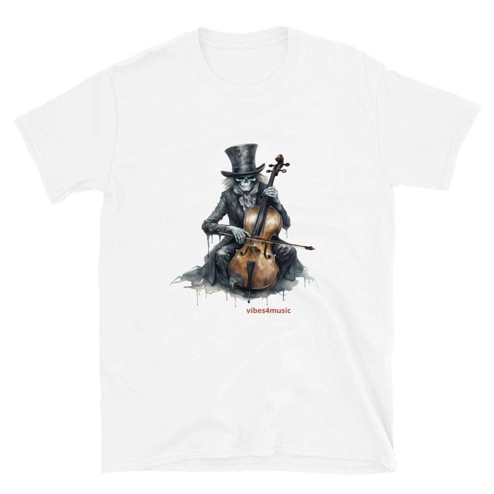 vintage skeleton playing cello white  graphic t-shirt