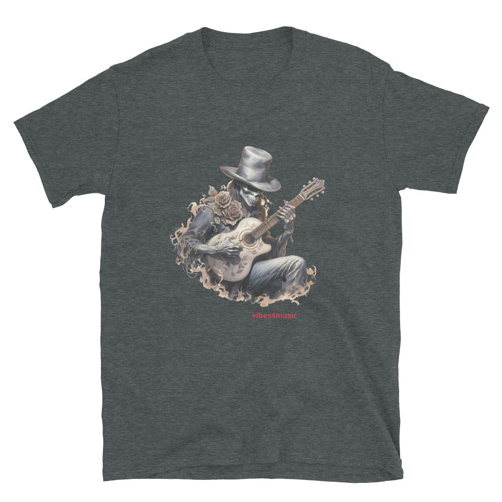 vintage skeleton playing guitar music heather grey graphic t-shirt