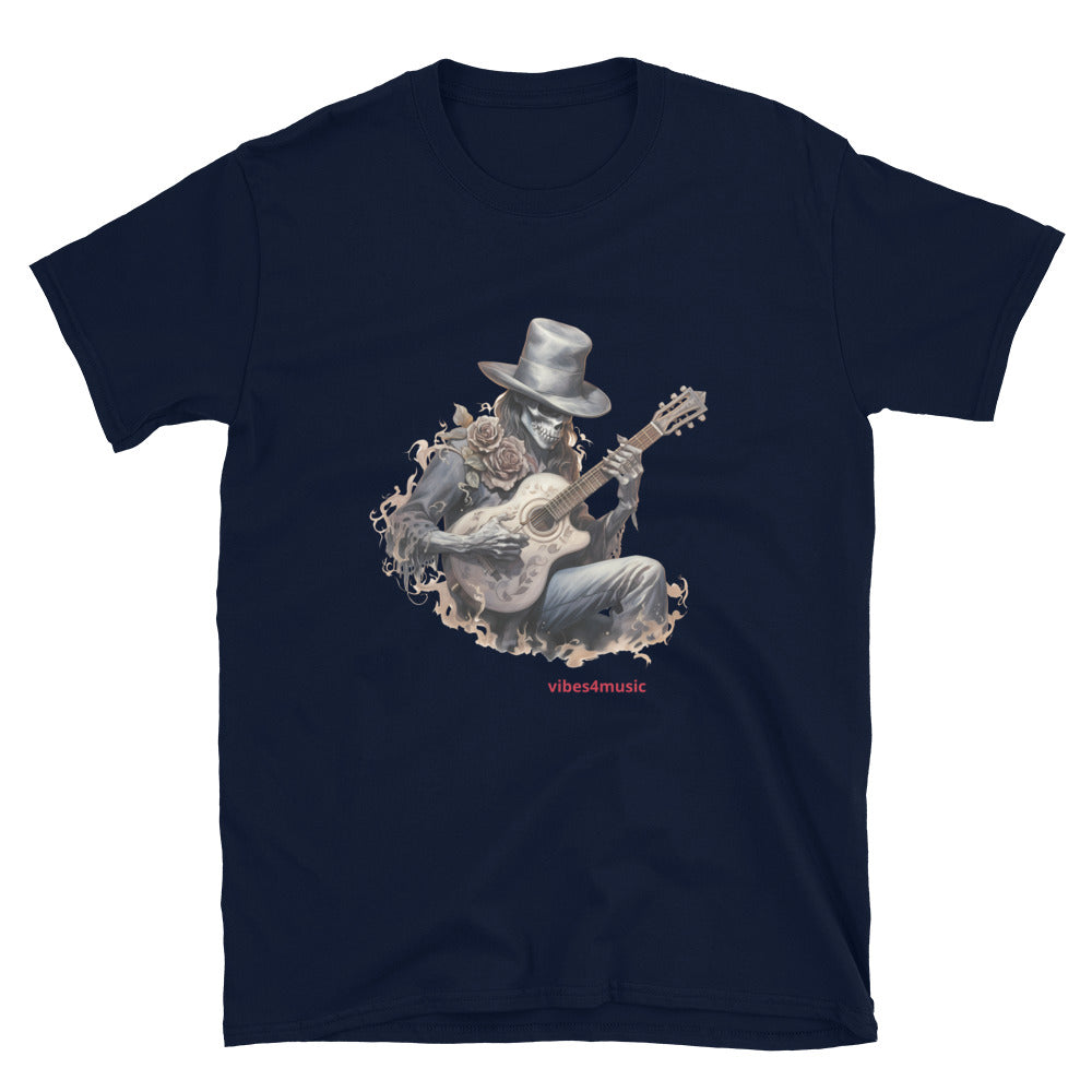 vintage skeleton playing guitar music navy blue graphic t-shirt