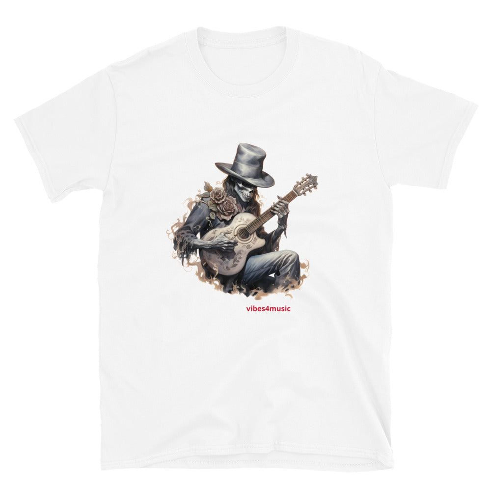 vintage skeleton playing guitar music white graphic t-shirt