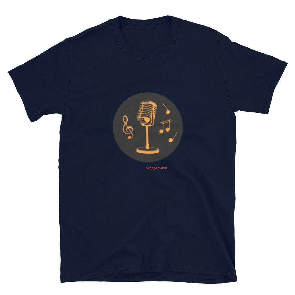 gold singer music microphone navy blue graphic t-shirt
