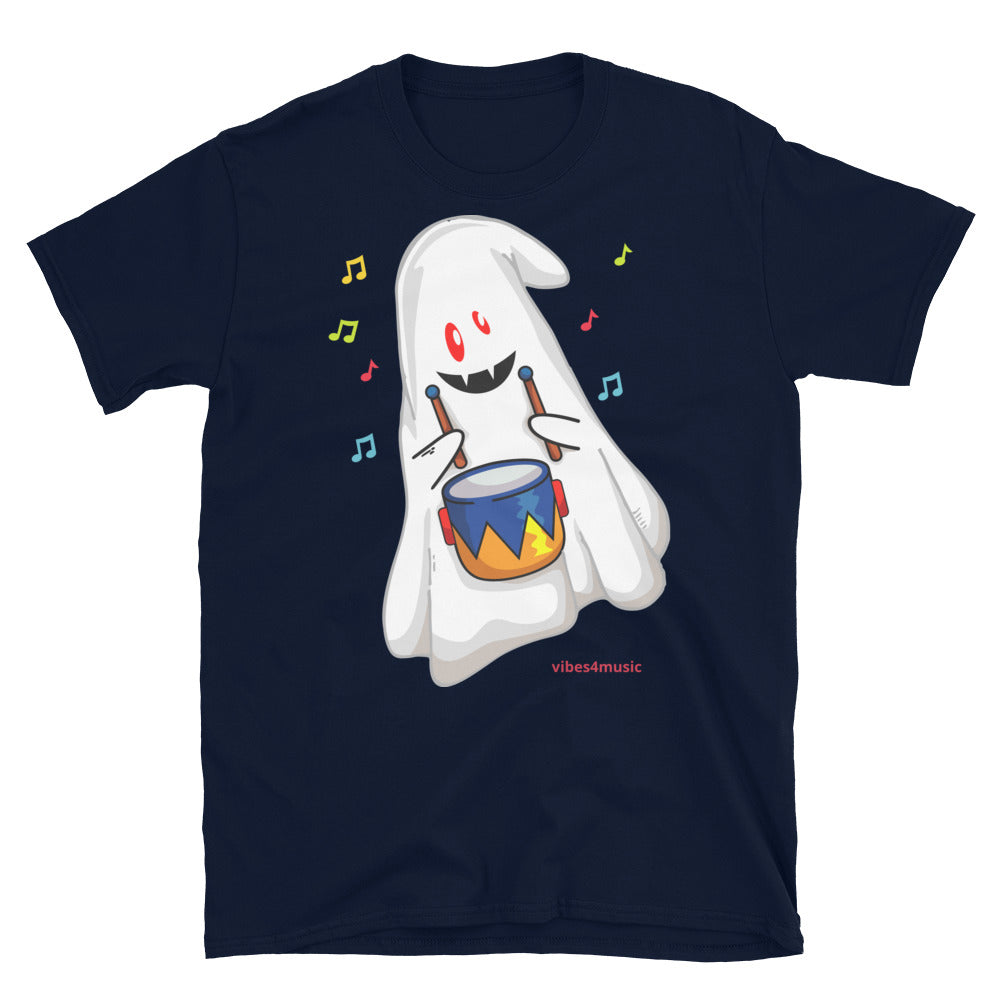 halloween music drummer ghost navy blue graphic t-shirt 
