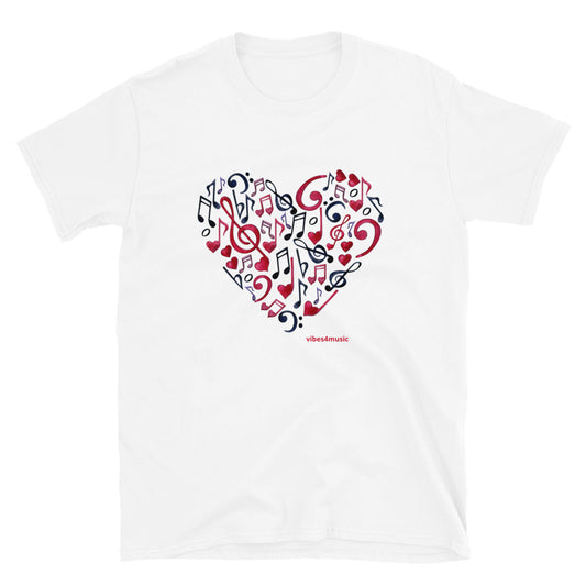 red and black heart music note white graphic t-shirt