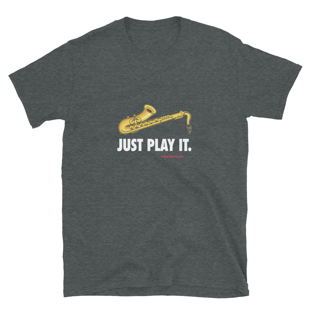 saxophone just play it heather grey music t-shirt