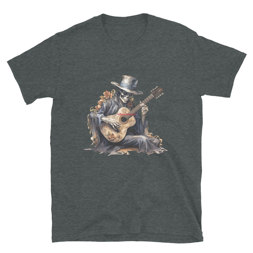 skeleton playing a guitar heather grey  graphic t-shirt