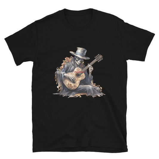 skeleton playing a guitar music black graphic t-shirt