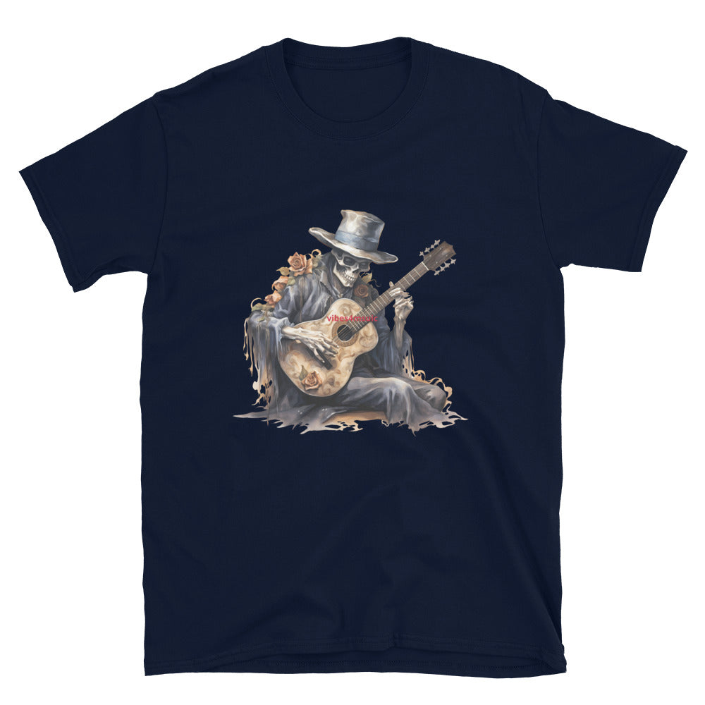 skeleton playing a guitar navy blue  graphic t-shirt