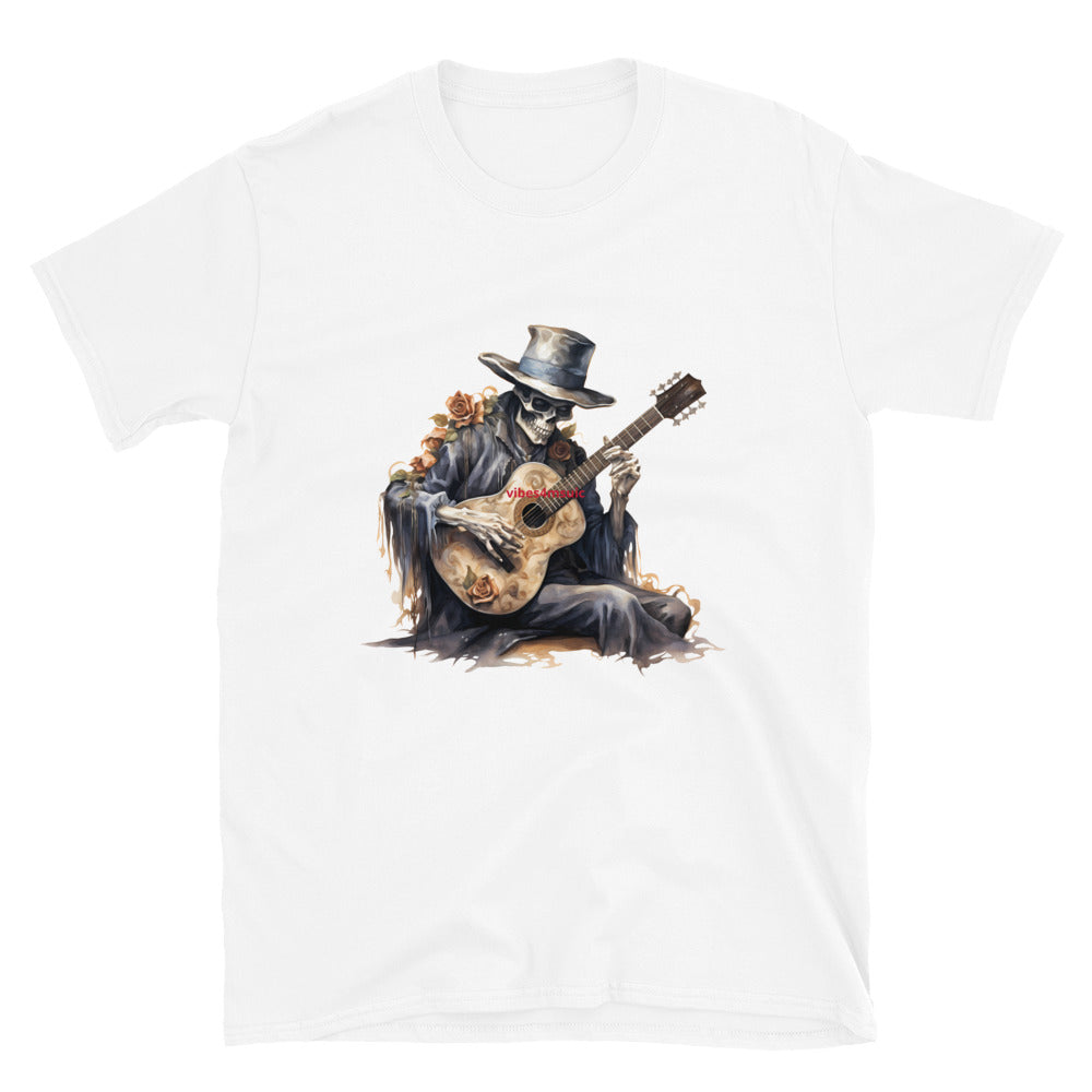 skeleton playing a guitar white  graphic t-shirt