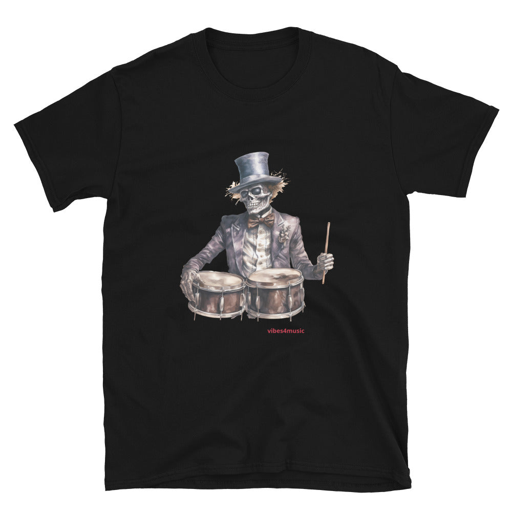 skeleton playing drums black graphic t-shirt