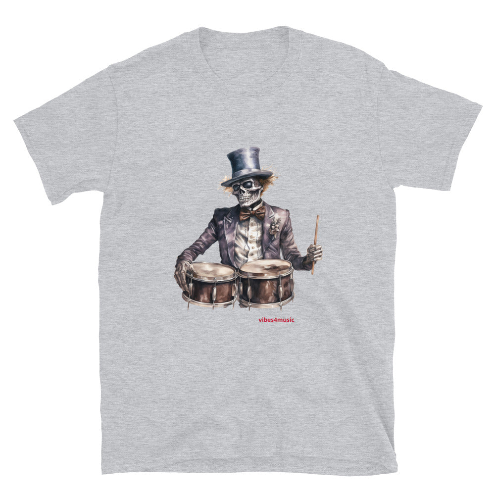 skeleton playing drums grey graphic t-shirt