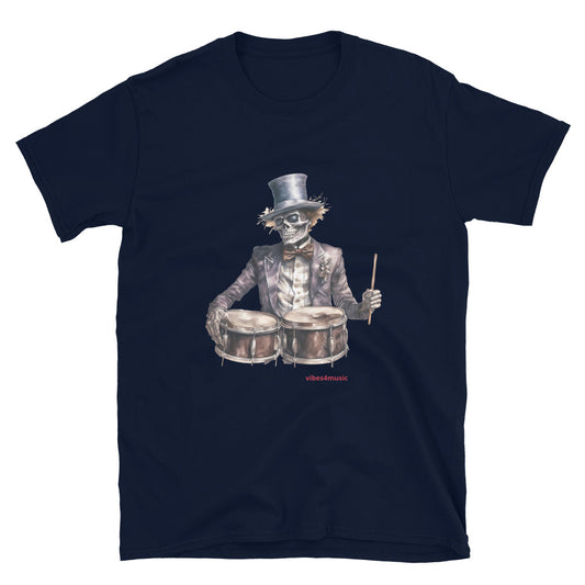 skeleton playing drums navy blue graphic t-shirt