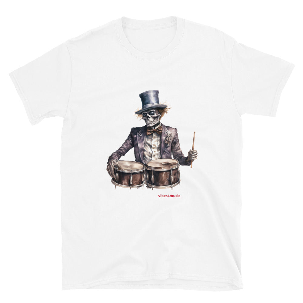 skeleton playing drums white graphic t-shirt