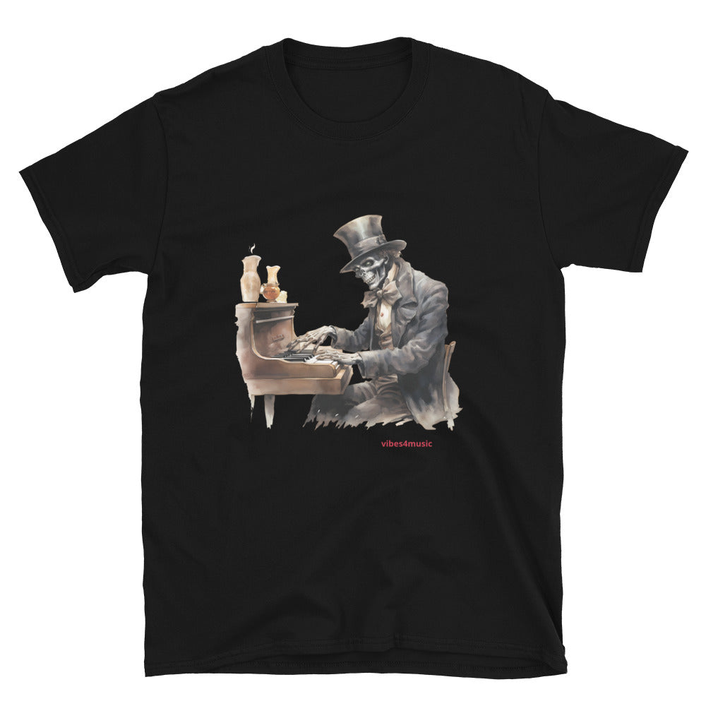 skeleton playing piano music black graphic t-shirt 