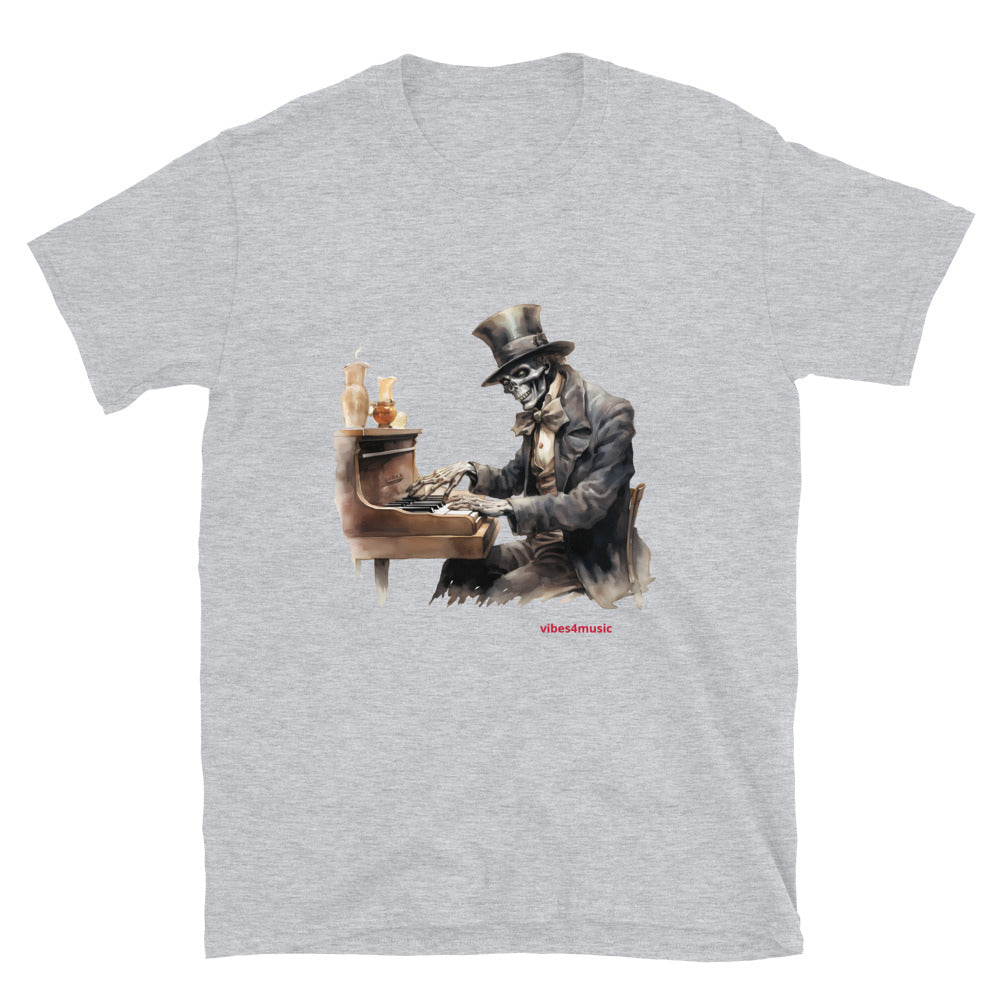 skeleton playing piano music grey graphic t-shirt 