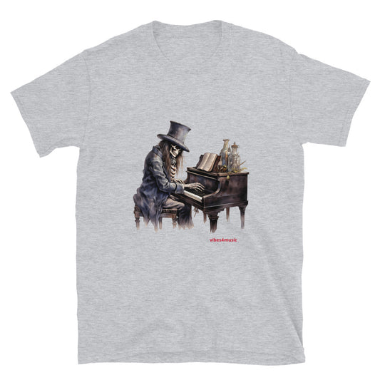 skeleton playing piano music grey graphic t-shirt 2