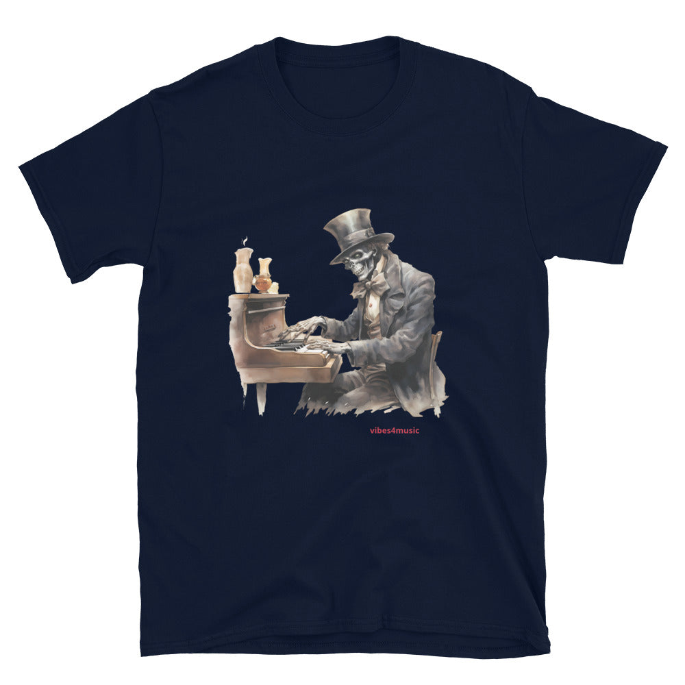 skeleton playing piano music navy blue graphic t-shirt 