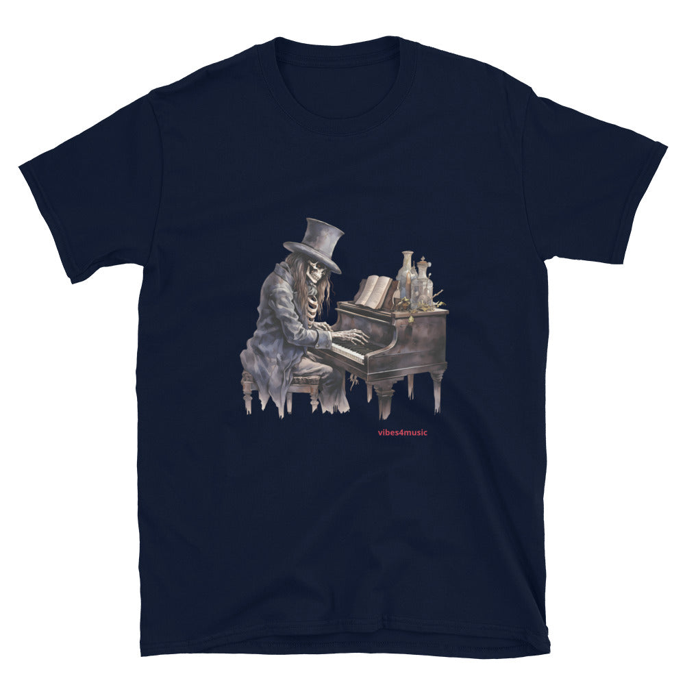 skeleton playing piano music navy blue graphic t-shirt 2