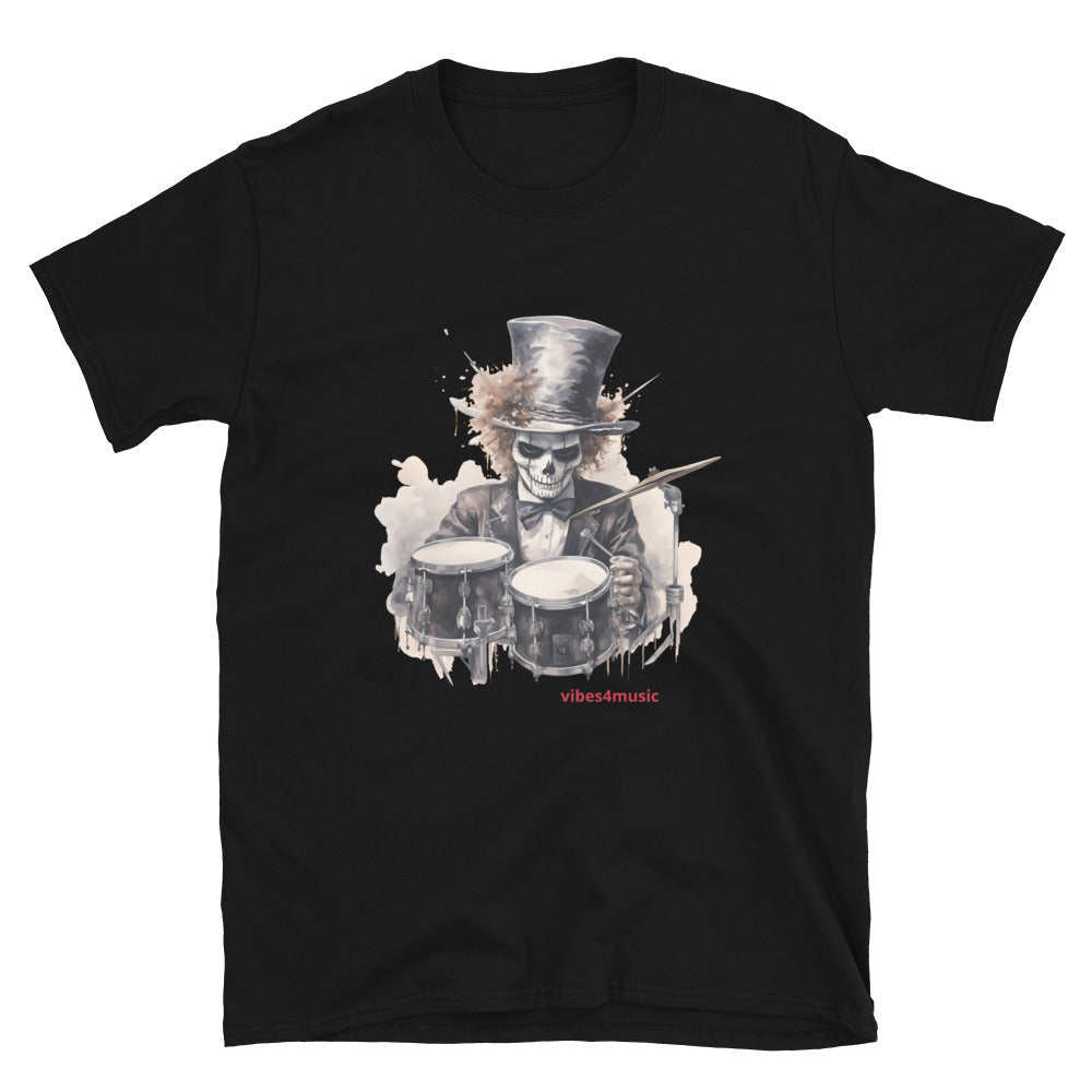 vintage skeleton drummer black graphic t-shirt