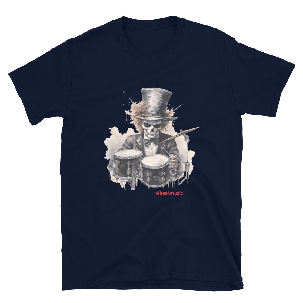 vintage skeleton drummer  navy blue graphic t-shirt