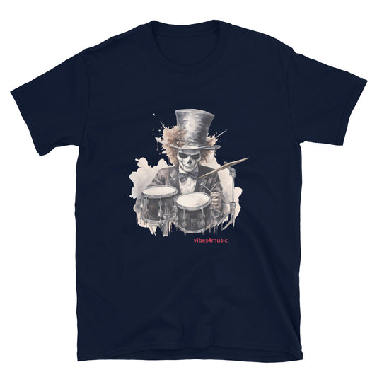 vintage skeleton drummer  navy blue graphic t-shirt