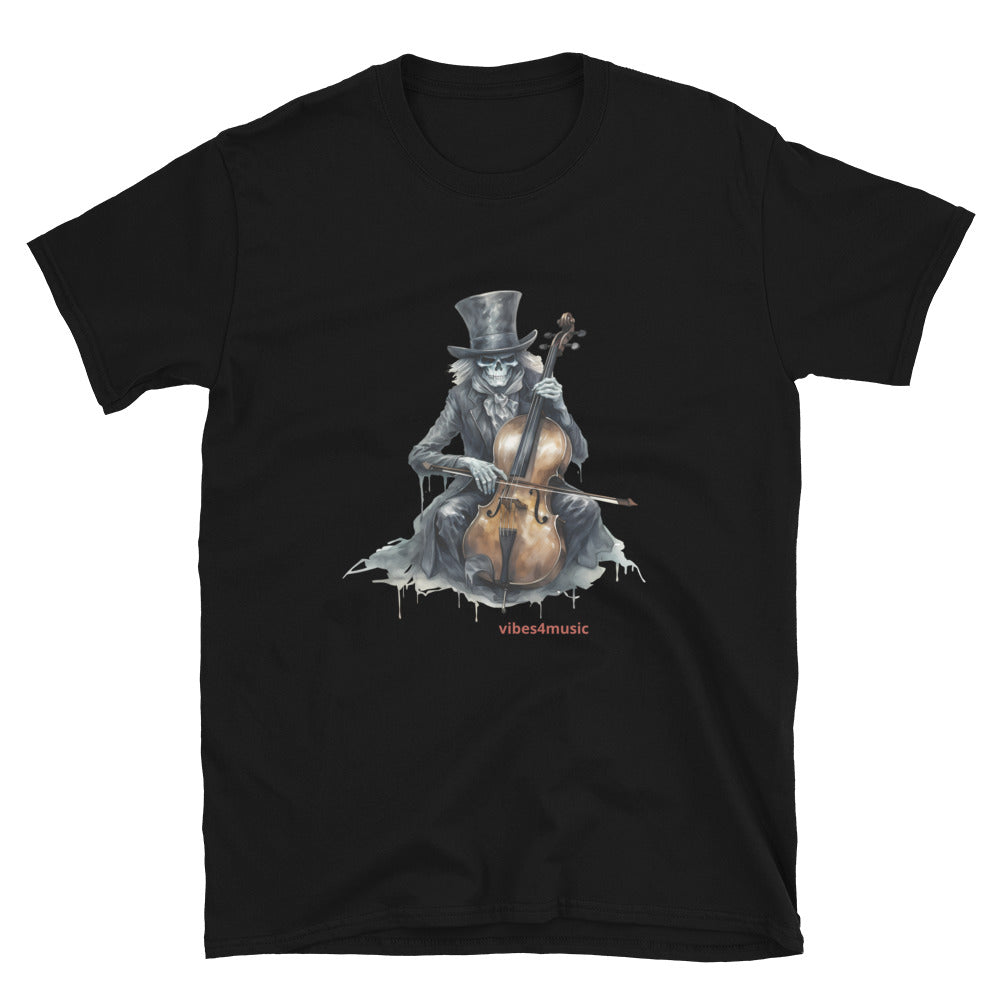vintage skeleton playing cello black graphic t-shirt.