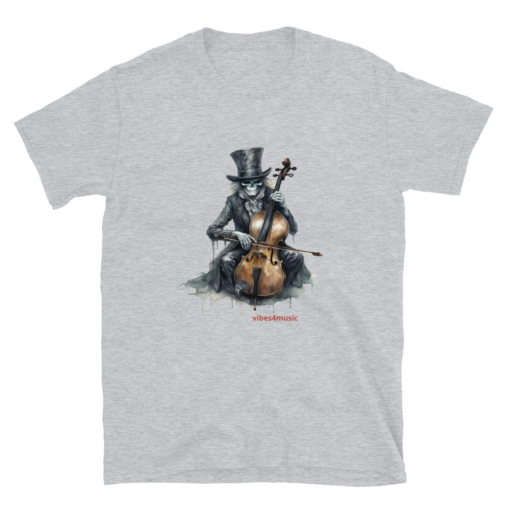 vintage skeleton playing cello grey graphic t-shirt.