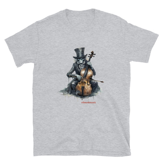 vintage skeleton playing cello grey graphic t-shirt.