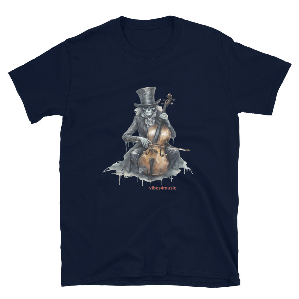 vintage skeleton playing cello navy blue graphic t-shirt