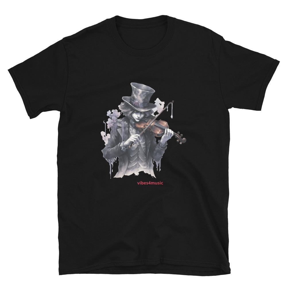 vintage skeleton playing violin music black graphic t-shirt 