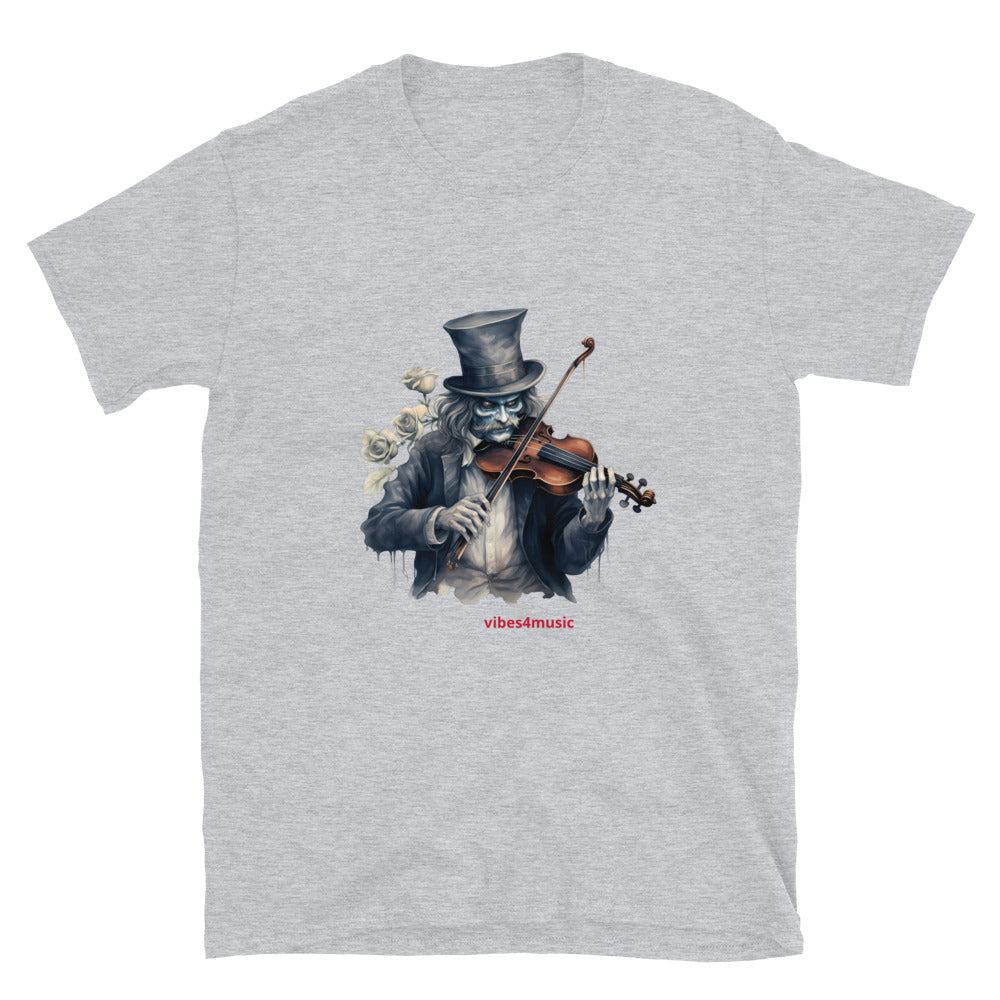 vintage skeleton  playing  violin music grey graphic t-shirt 