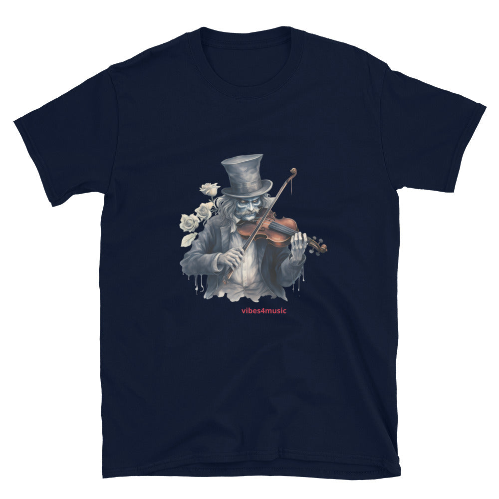 vintage skeleton  playing  violin music navy blue  graphic t-shirt 