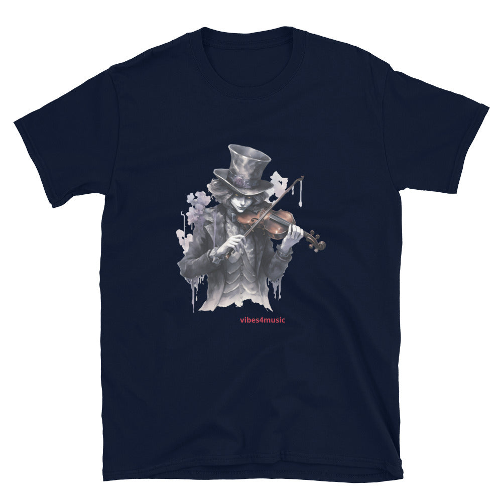 vintage skeleton playing violin music navy blue graphic t-shirt