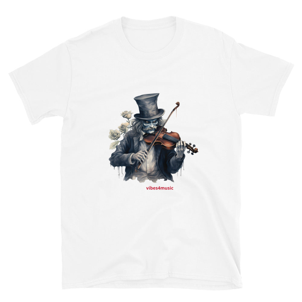vintage skeleton  playing  violin music white graphic t-shirt 